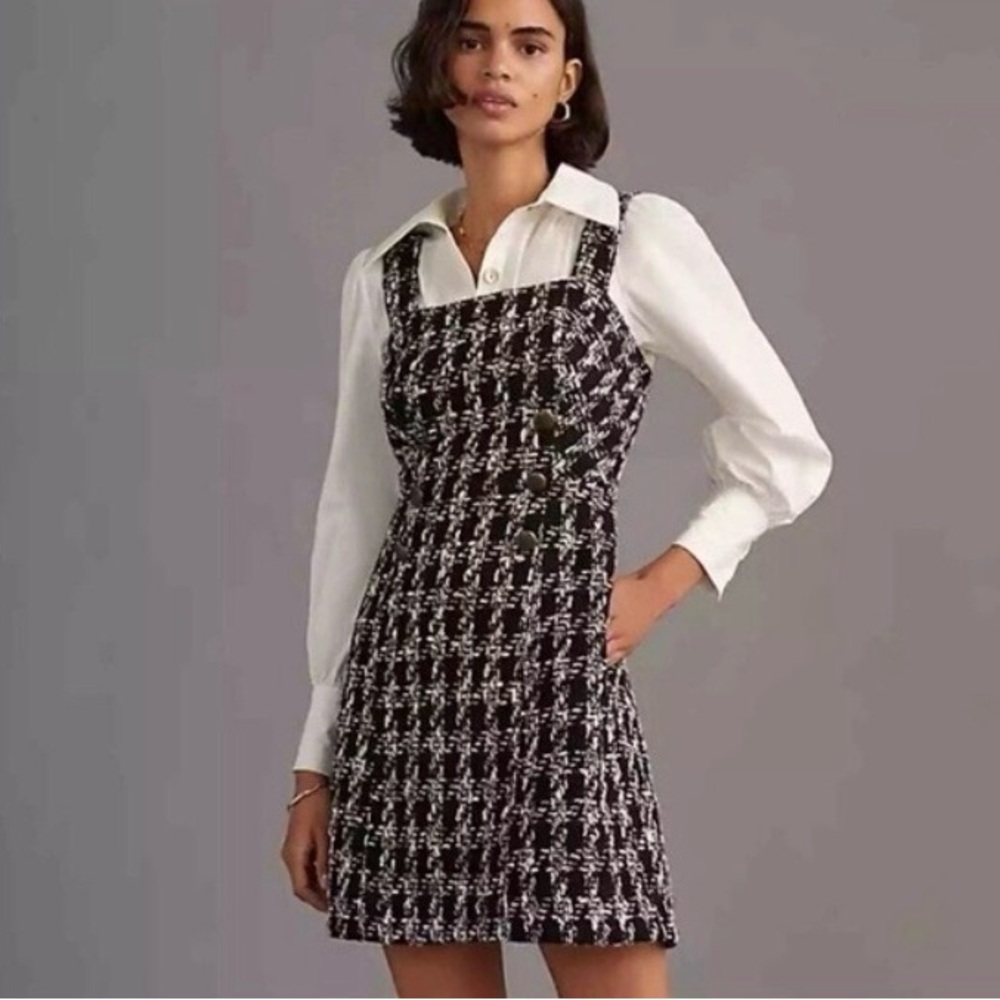 Maeve Black and White Tweed Pinafore Mini Dress